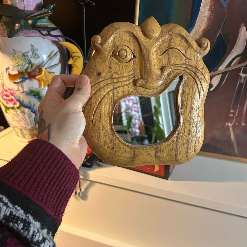 Whimsical Brown Wooden Human Face  Mirror Handcrafted Indonesia 7.5” X 8.5 - Picture 5 of 12